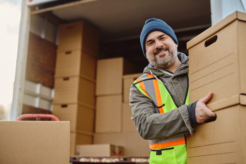 Happy courier with delivery boxes in front of his truck looking at camera.