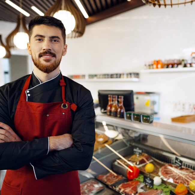 Portrait of a young man shopkeeper standing by meat stall in supermarket